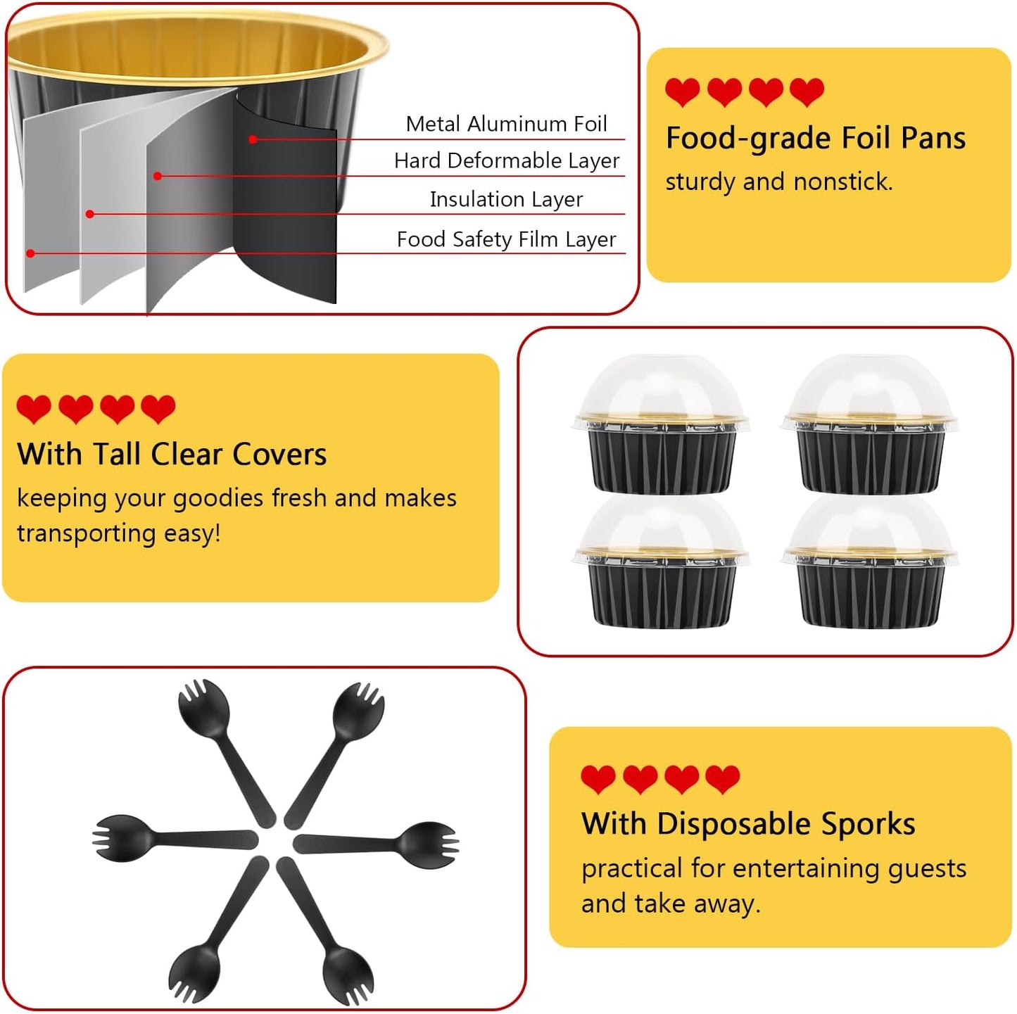 LNYZQUS 5oz Mini Cake Baking Pans with Lids 100 Pack, Disposable Mini Aluminum Cupcake Pan Muffin Cups, Small Cake Baking Cups Muffin Tin Cupcake Liners Containers for Custard Creme Brulee-Black