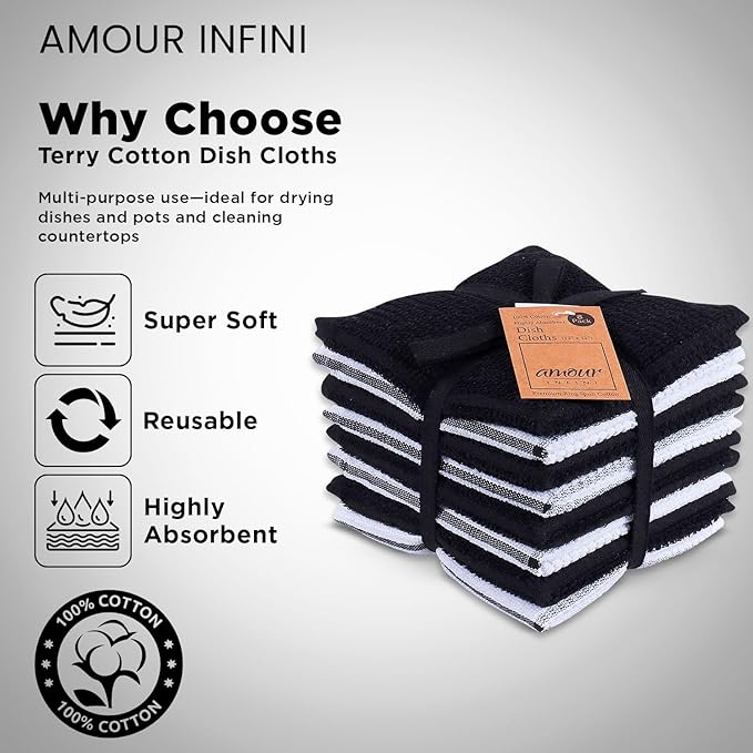 AMOUR INFINI Dish Cloths for Washing Dishes Set of 8 - Highly Absorbent, Super Soft Kitchen Dishcloths - Reusable Quick Dry Dish Rags for Cleaning & Drying Kitchen Linens (12x12 Inch - Black)