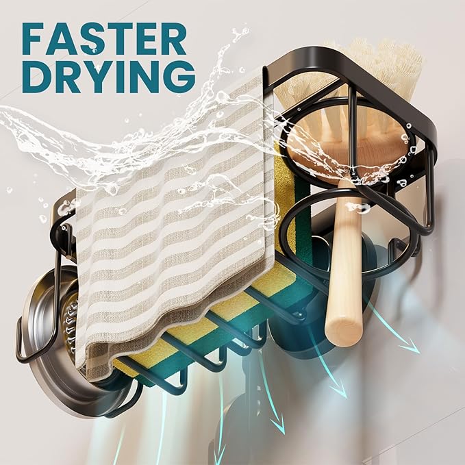 TAILI 4-in-1 Rustproof Sink Caddy & Sponge Holder with Removable Strong Suction Cup for Kitchen Sink - Black