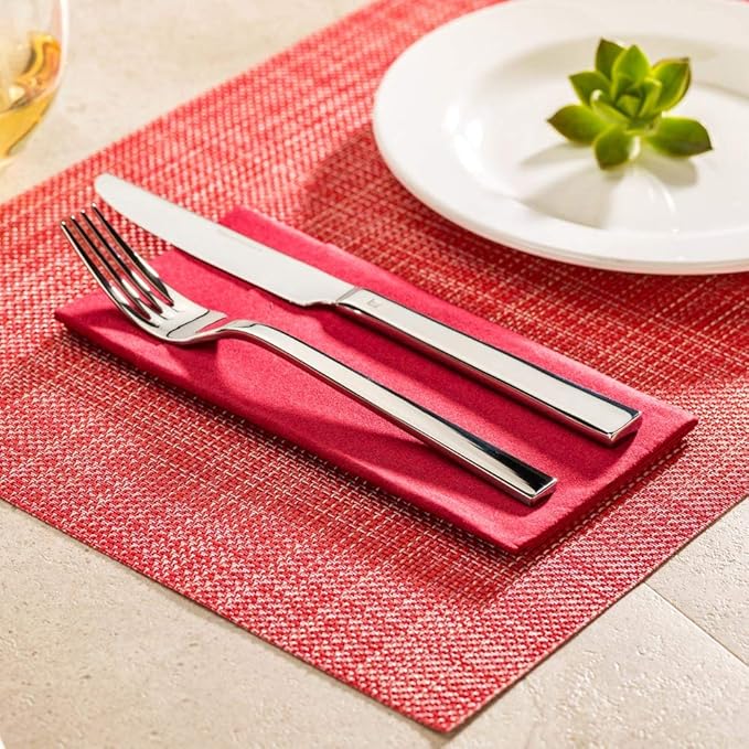 Restaurantware Carmel Mesh 16 x 12 Inch Table Placemats Set Of 6 Woven Washable Placemats - Heat Tolerant No Stain Red Vinyl Kitchen Placemats With Khaki Threads Easy To Clean