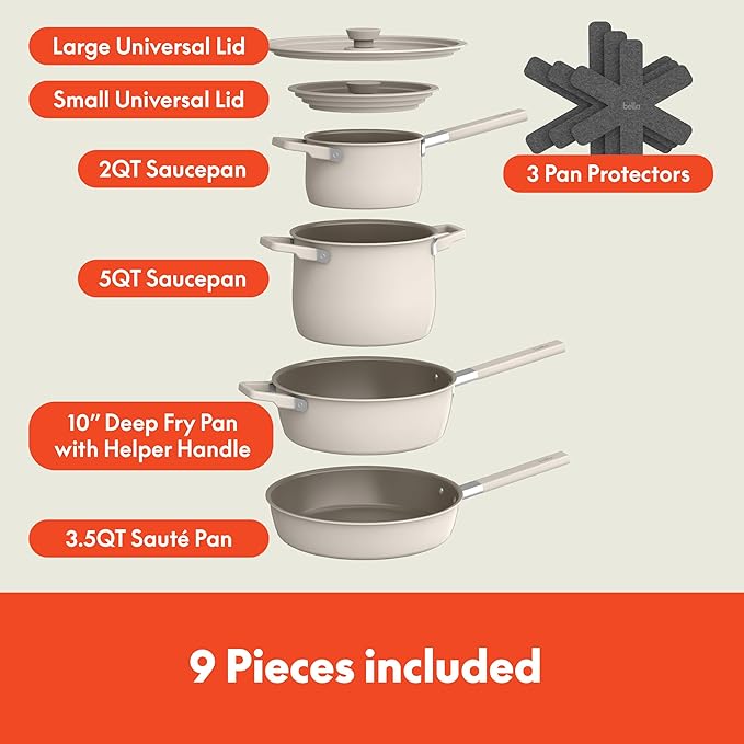 bella 9 Piece Ceramic Nonstick Cookware Set, Fits-anywhere™ Kitchenware w EverGood™ Coating, Dishwasher & Oven Safe, All Stovetops Compatible, Stackable Design, Cool Touch Handles, Oatmilk