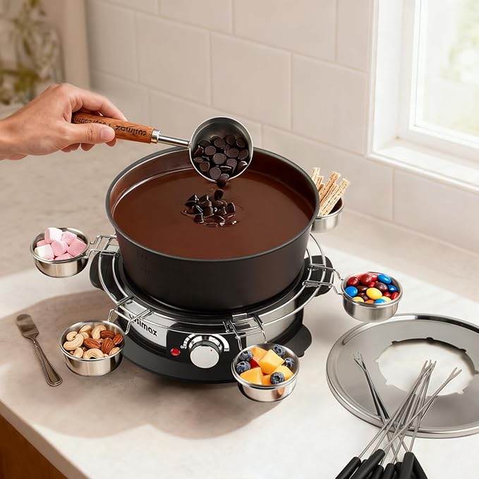 Fondue Set Pot Wooden Handle Stackable Cups for chocolate fondue,cheese fondue,or fondue traditional hot pot delicacies