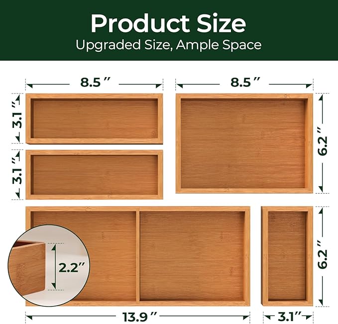 5-Piece Bamboo Drawer Organizer Set, 2.2" Deep Multi-Use Organizers for Utensils, Silverware, Cutlery, Desk, Bathroom, Junk Drawer & Makeup, Non-Slip Feet Included.