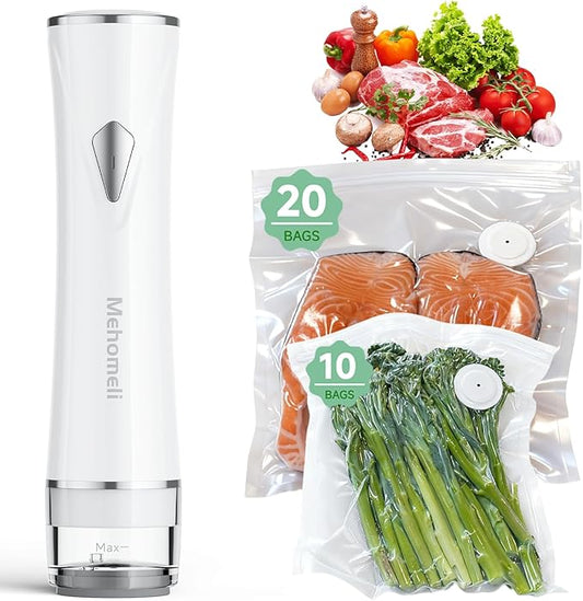 Compact Vacuum Sealer for Food (Vacuum Sealer Machine + 30 Reusable Vacuum Bags), Powerful Handheld Vacuum Sealer Machine, Seal Food 6X Fresh Longer, Portable & Wireless, Easy-Clean