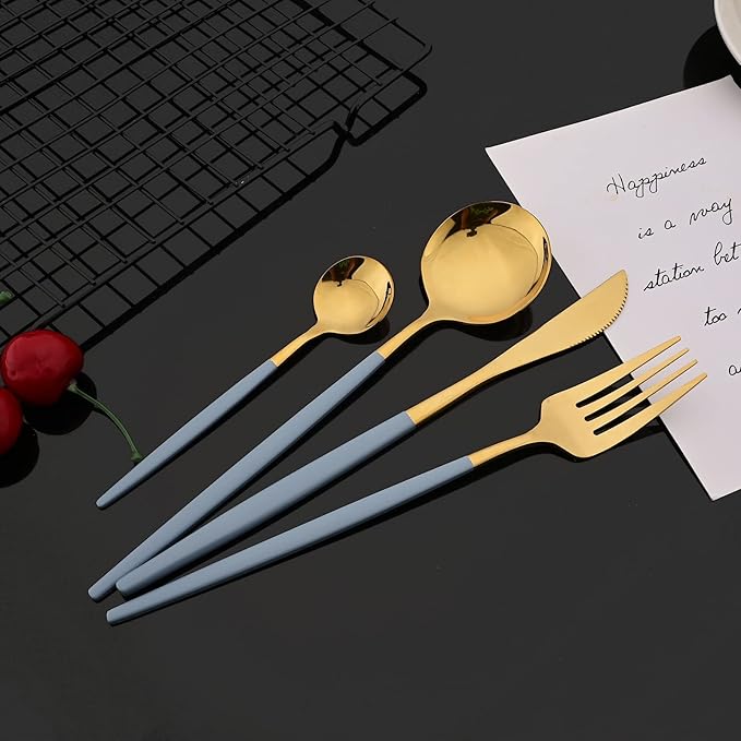 JASHII Flatware Set 24 Piece, Stainless Steel Silverware Set, Macaron Small Fresh Color Cutlery Set, Modern Elegant Tableware Set for Party, Christmas, Dinner (Haze Blue Gold)