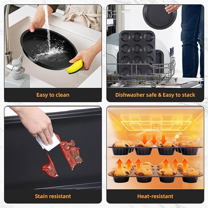 Baking Pans Set, 5-Piece Nonstick Bakeware Sets with Round/Square Cake Pan, Muffin Loaf Roast Pan, Baking Sheets for Oven, Kitchen Cookware Sets Baking Tray Baking Supplies, Black