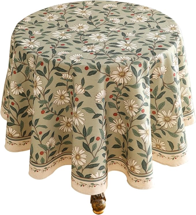 French Tablecloth for Round Tables,Linen Table Cloth with Colorful Flowers and Leaves Pattern,Heavy Durable Table Cover for Dining Kitchen Decor Party Banquet Christmas,Diameter 55"