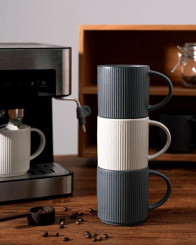 famiware Coffee Mug Set for 6, Star 12 oz Catering Mugs Cup Set with Handle for Coffee, Tea, Cocoa, Milk - Ceramic Stoneware Drinkware Set, Matte White + Matte Black