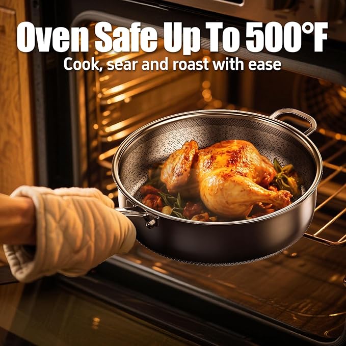 5 Qt Saute Pan with Lid, 5 Ply Stainless Steel Pan with Lid, Non Stick Frying Pans, Cooking Pot Deep Frying Pan Non-Toxic, For Induction, Oven, Dishwasher Safe