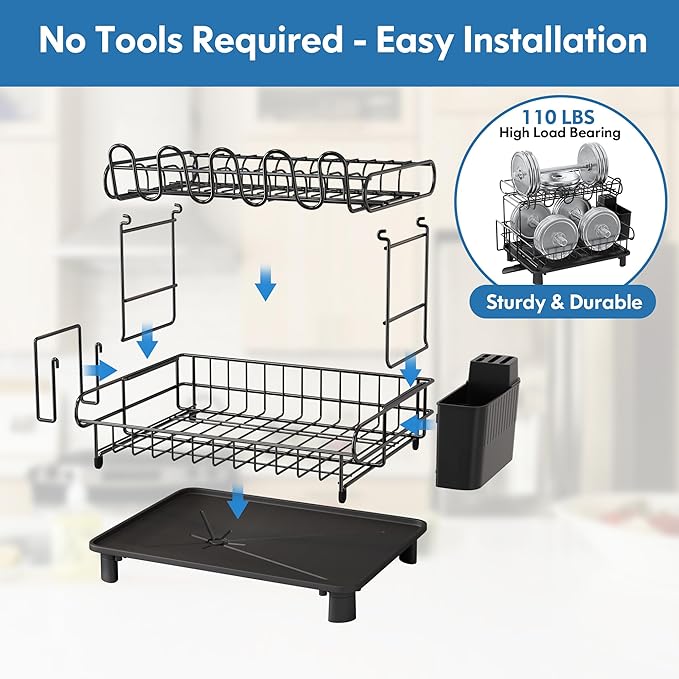 MAJALiS 2 Tier Black Large Stainless Steel Dish Drainers Drying Rack for Kitchen Counter with Drainboard, Rust Proof Metal, Space Saving, Modern Aesthetic, Compact Plates Strainers