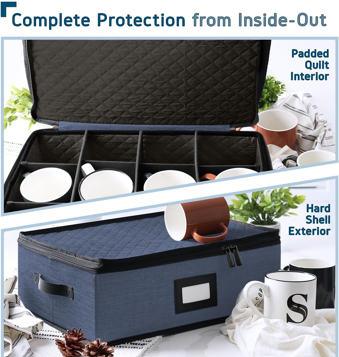 Coffee Mug Storage, 2 Pack Quilted and Stackable Coffee Cup Storage Organizer for Service of 24, Mug Storage Box with Dividers, China Containers Hard Shell for Moving and Organization, Blue