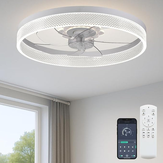 20‘’ Ceiling Fan with Light, Upgraded Low Profile Fan, Flush Mount Ceiling Fan, 6 Speeds, Dimmable LED, App & Remote Control, Quiet DC Motor, for Bedroom, Living Room, F093 White-D