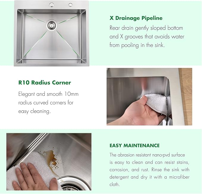 Drop In Kitchen Sink, 25 x 22 x 10 Inch 16 Gauge Single Bowl Topmount Sink T-304 Stainless Steel Kitchen Sinks with Accessories