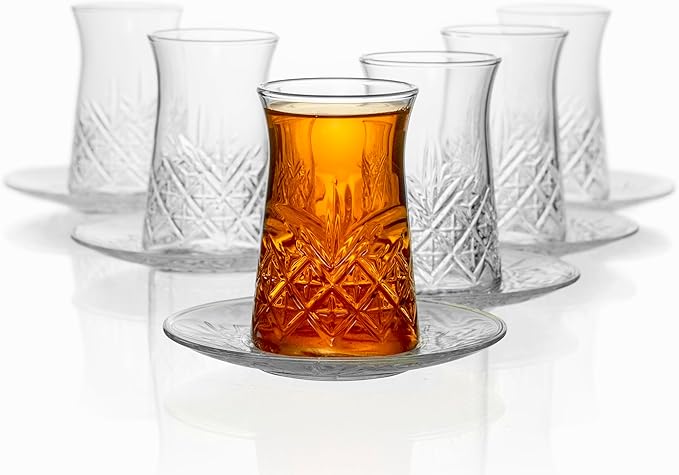 Red Co. Set of 6 Fluted 5.5 Fl Oz Cut Glass Turkish Tea Cups with Saucers, Clear
