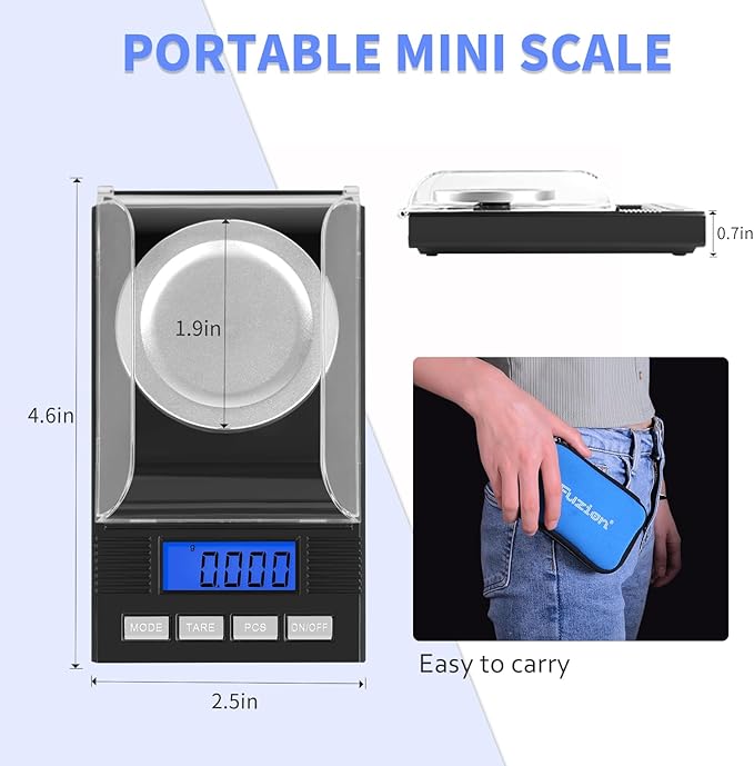 Fuzion Milligram Scale 50g/0.001g, Portable Jewelry Scale .001 Gram Accuracy, Mg Scale, Powder Scale, Microgram Scale, Milligram Scale for Powder with Tray/Tweezers/Calibration Weight