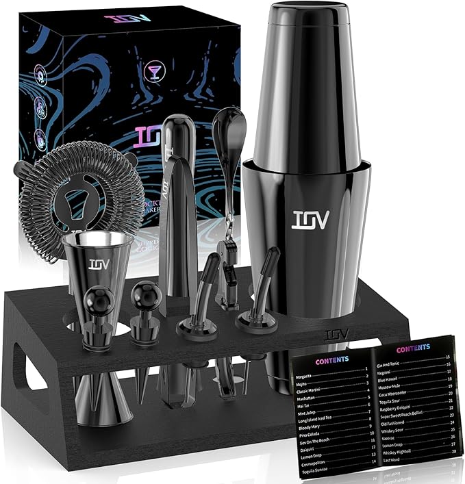 IOV Cocktail Shaker Set: 12-Piece Mixology Bartender Kit Bar Set | 18oz & 28oz Boston Shaker Drink Mixing Tools for Home with Recipe Booklet and Stand | Fun Housewarming Gift (Black)