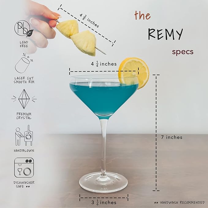 PURE MORA The Remy Coupe - Set of 4, 8oz Handblown Premium Crystal Martini Glasses for Cocktail, Gin & Tonic, Cosmopolitan, Manhattan, Bar, Fancy Mixology, etc. Modern Angle Drinking Glassware