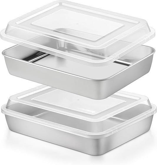 Herogo Baking Pan with Lid, 8 x 10 Inch Nonstick Rectangle Stainless Steel Cake Pan Sheet, Deep Cakes Bakeware with Lid for Brownies Casseroles, Non Toxic & Dishwasher Safe, Set of 2