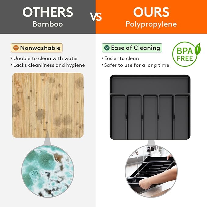 Lifewit Silverware Drawer Organizer, Expandable from 11 to 18 inches, Utensil Tray for Kitchen, BPA Free Flatware Cutlery Holder, Adjustable Plastic Storage for Spoons Forks Knives, Large, Black