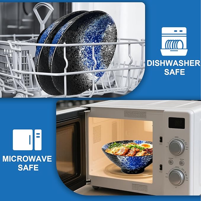 8-Inch Ceramic Ramen Bowl Set of 2 (9 Piece) - Porcelain Japanese Salad Noodles Cereal Fruit Pasta Soup Large Bowls with Recipes Chopsticks Forks Spoons for Men Women Gift Microwave & Dishwasher Safe