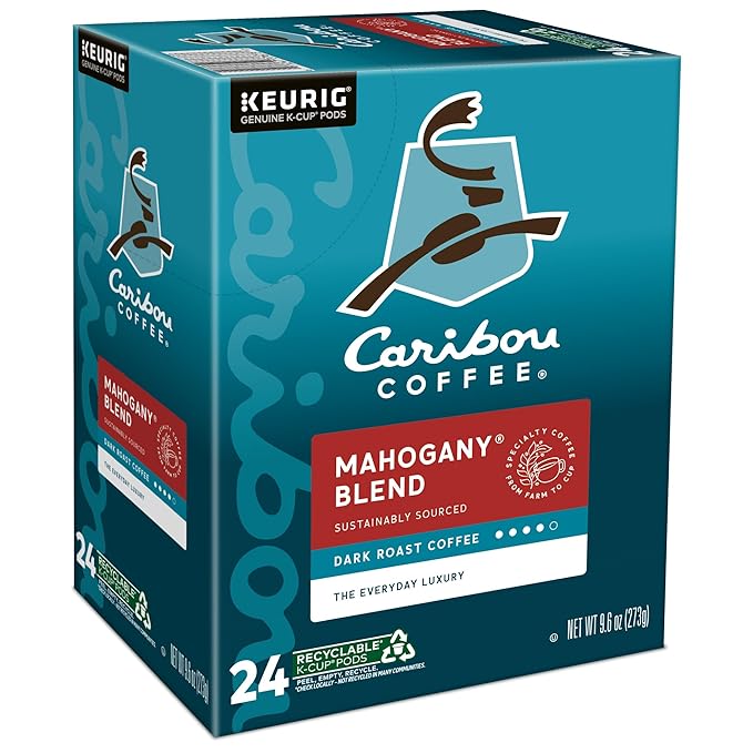 Caribou Coffee Mahogany Keurig Single-Serve K-Cup Pods, Dark Roast Coffee, 96 Count (Pack of 4)
