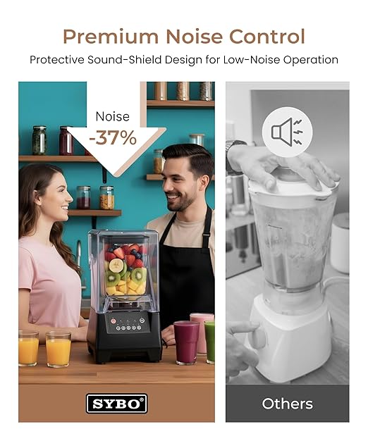 SYBO HS-210 Commercial Professional Blender with Quiet Shield, Heavy-Duty 1400W High-Speed, 48oz BPA Free Container, Easy to Clean, Dishwasher safe, for Juice, Ice Shakes, Smoothies, Frozen Drinks