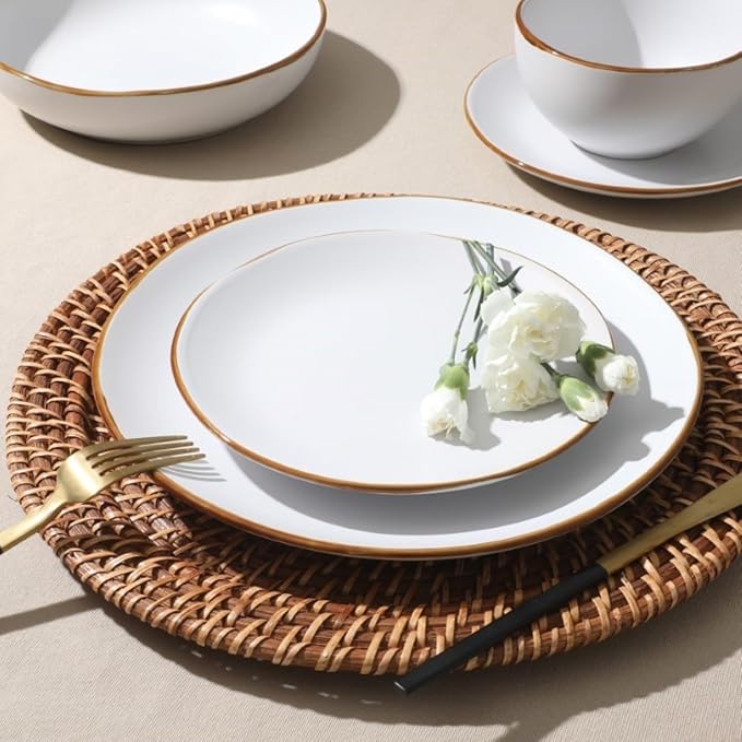 Gibson Home Hazeltine 16 Piece Plates and Bowls Dishes Stoneware Ceramic Dinnerware Set - White