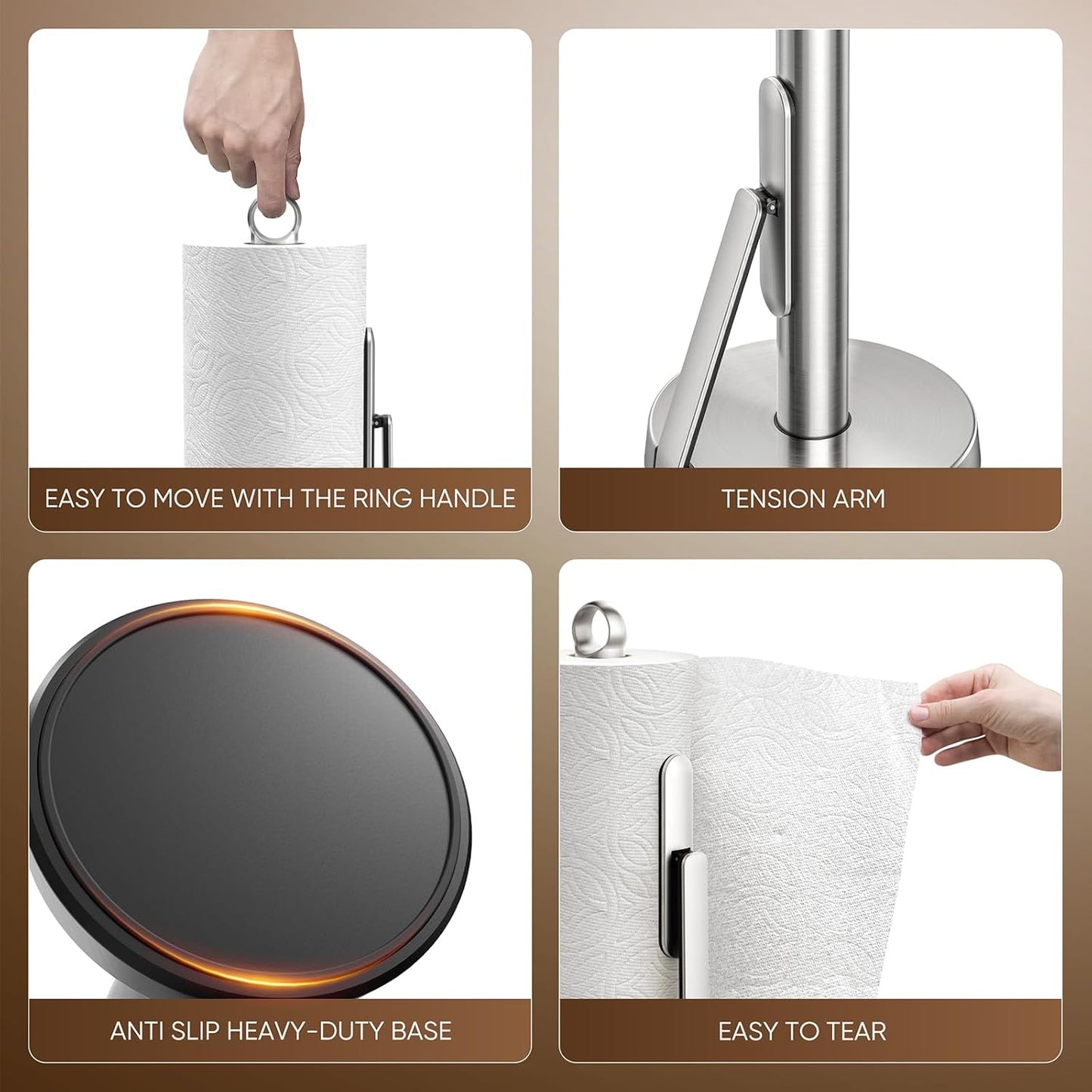 theaoo Heavy-Duty Stainless Steel Paper Towel Holder with Tension Arm – Easy One-Handed Tear, Modern Standing Countertop Dispenser for Kitchen, Holds All Paper Towel Rolls (1, Silver)