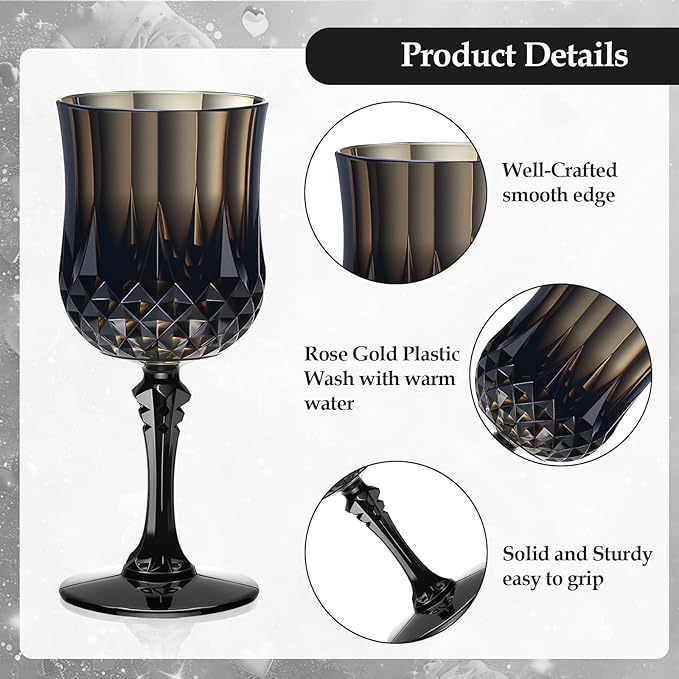 XUWAIDSGN 7oz Plastic Vintage Wine Glasses Drinking Glasses Unbreakable Wedding Glassware Crystal Water Goblets Reusable Drinkware Vintage Champagne Flutes (24, Black)