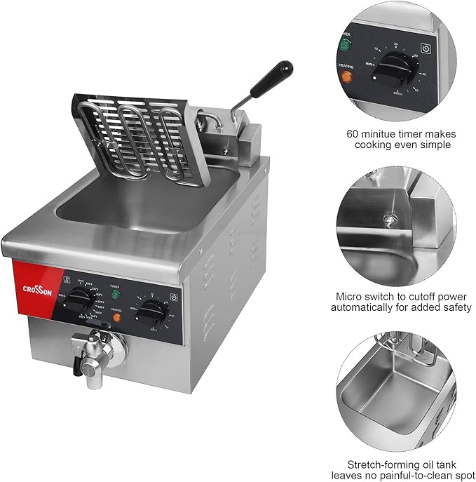 CROSSON 6L Electric Countertop Deep Fryer Extra Large with Drain,Timer,Basket and Lid for Restaurant Use 120V,1800W Commercial Deep Fryers