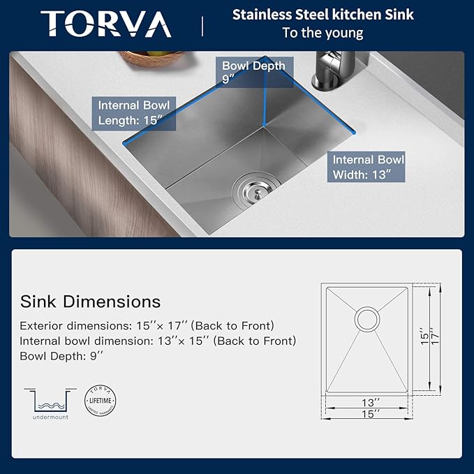 TORVA 15 x 17 Inch Undermount Kitchen Sink, Premium 304 Stainless Steel Bar Sink - 9 Inches Deep Basin Single Bowl Sink
