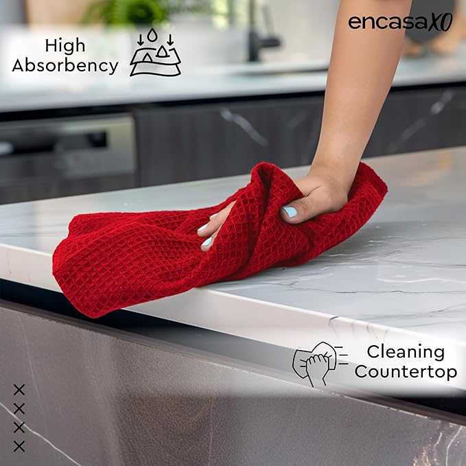 Encasa XO Kitchen Dish Towels Set | Red | Waffle Weave and Flat Hand Tea Towel | 28"x18" | Quick Drying Reusable Cotton Washcloths | Multipurpose Lightweight Dishcloths Set of 4
