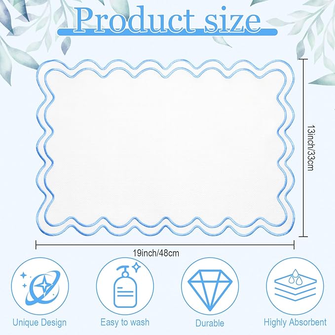 12 Set Linen Placemat 13x19 Wavy Embroidery Scalloped Placemat Double Layered Washable Farmhouse Dinner Table Mat Fabric Napkin for Christmas Hotel Restaurant Wedding Party(Sky Blue)