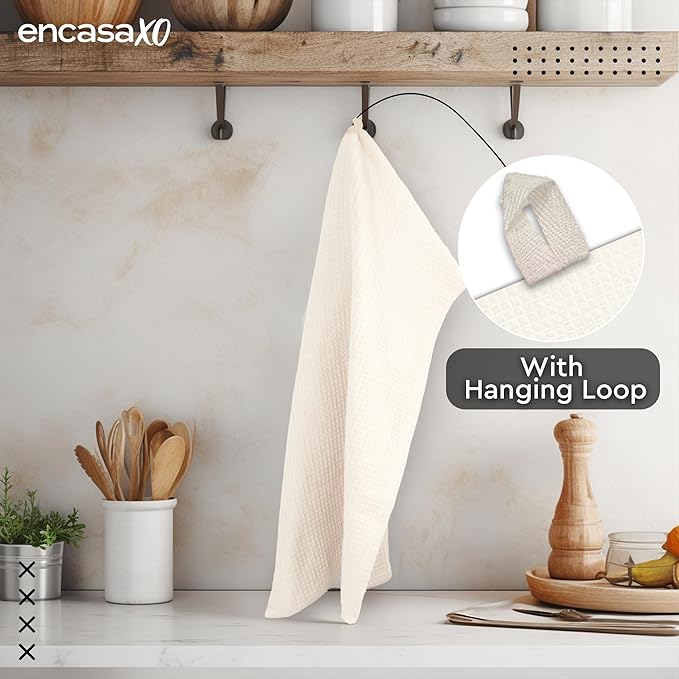 Encasa XO Kitchen Dish Towels Set | Solid Off White | Waffle Weave and Flat Hand Tea Towel | 28"x18" | Quick Drying Reusable Cotton Washcloths | Multipurpose Lightweight Dishcloths Set of 4