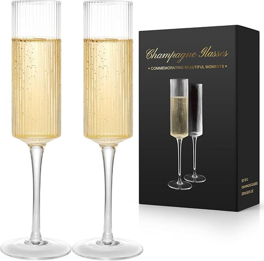 Topsky Ribbed Champagne Flutes Set of 2, 8 oz Crystal Champagne Glasses, Vintage Unique Ridged Design, Clear Mimosa Glasses, Cocktail or Wedding Toasting Glasses, Outer Stripe