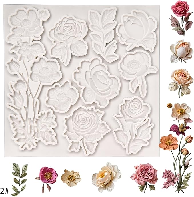 (Four-piece set) Rose and leaves, multiple floral designs, tulips, a string of fruits, DIY silicone molds, cake chocolate molds wedding cake decoration tools, soft candy cake molds