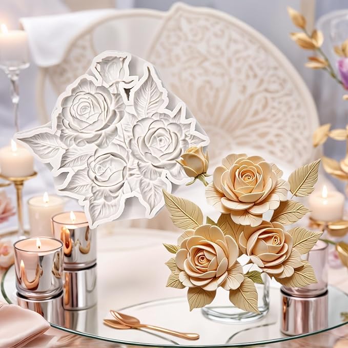 (Four-piece set) Rose and leaves, multiple floral designs, tulips, a string of fruits, DIY silicone molds, cake chocolate molds wedding cake decoration tools, soft candy cake molds