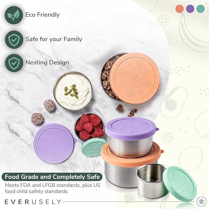 Everusely - Stainless Steel Food Containers - 3 Pack, Bright - Lunch Box - Snack Containers for Office, Home Food Storage - Leakproof with Silicone Lids - Dishwasher & Freezer Safe