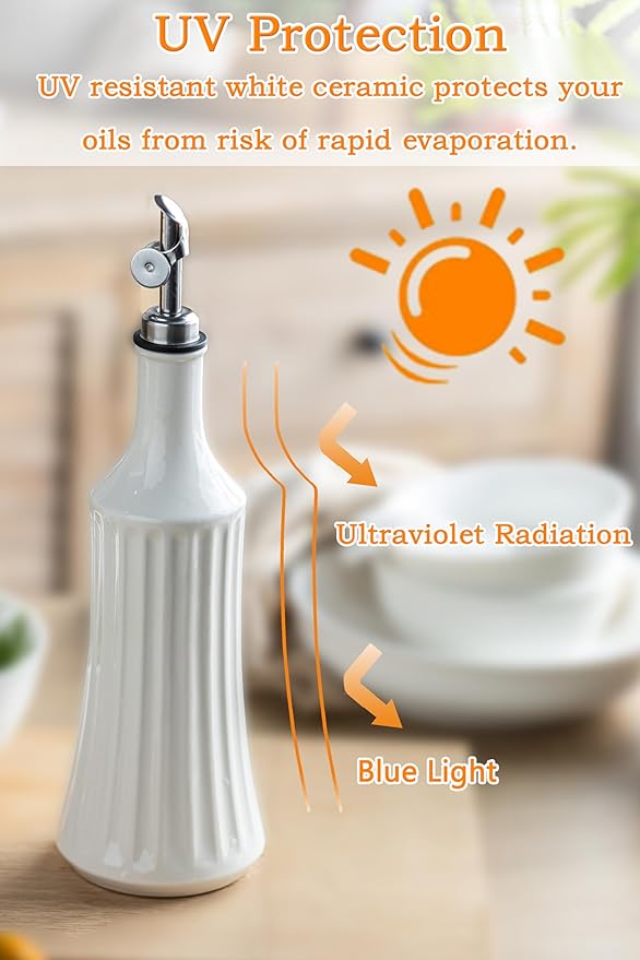 LYEOBOH Olive Oil Dispenser Bottle, Oil Dispenser for Kitchen, Ceramic Cooking Vinegar Dispensing Bottles with Spout, White