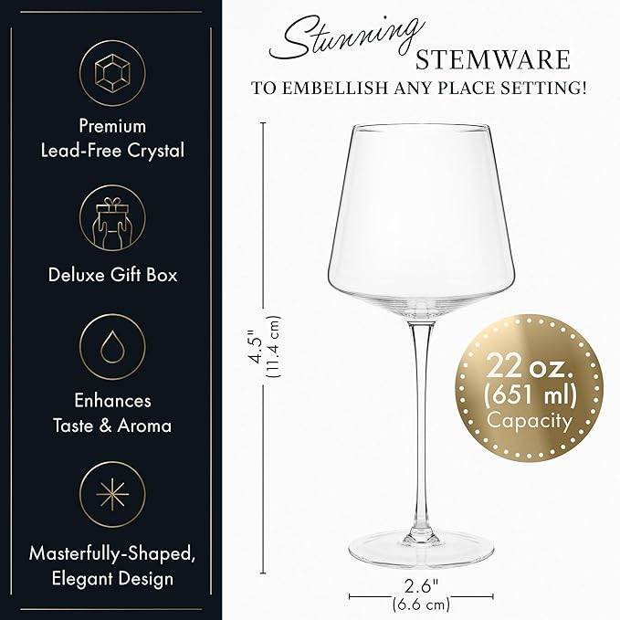 ELIXIR GLASSWARE Modern Red Wine Glasses Set of 2 - 22 oz - Hand Blown Crystal, Tall Long Stem - Unique Large With Stem