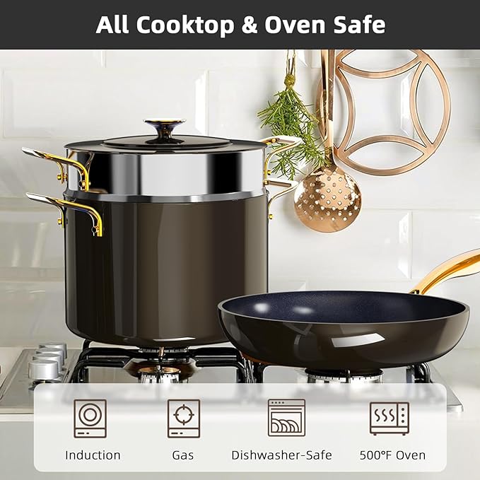 Nuwave Lux LE 13-Pc Cookware Set with Elegant Gold Handle, Diamond Infused Ceramic Non-Stick, PFAS Free, Premium Metal Lids, Ergonomic Stay-Cool Handles, Induction Ready & Compatible w/All Cooktops