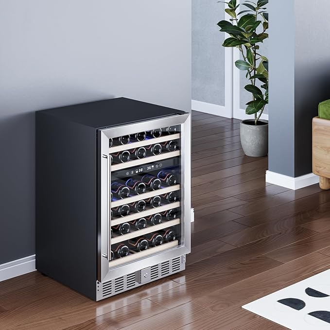 52 Bottle Wine Fridge with Lock, 24 Inch Wine Refrigerator for Red, White, Champagne, Beer, Dual Temperature Zone, Built-In or Freestanding, Wood Shelves, Stainless Steel Glass Door