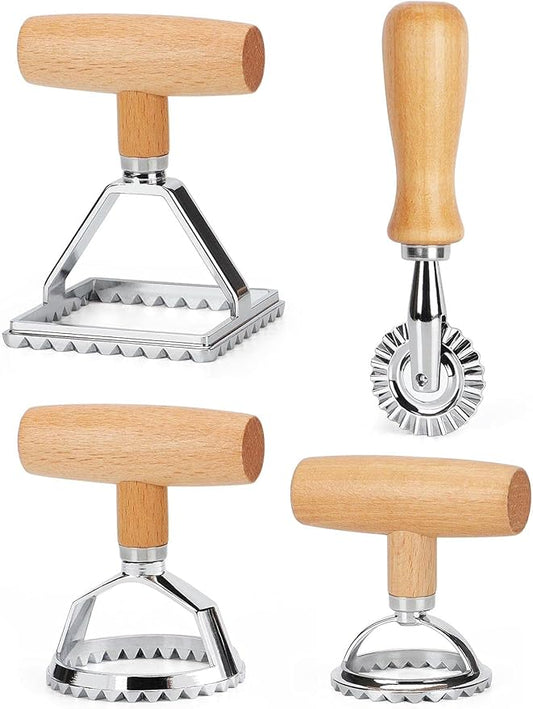 HULISEN Ravioli Stamp with Pasta Cutter Wheel, Ravioli Maker with Wooden Handle, Press Mold Kitchen Accessories, Gift Package(Set of 4)