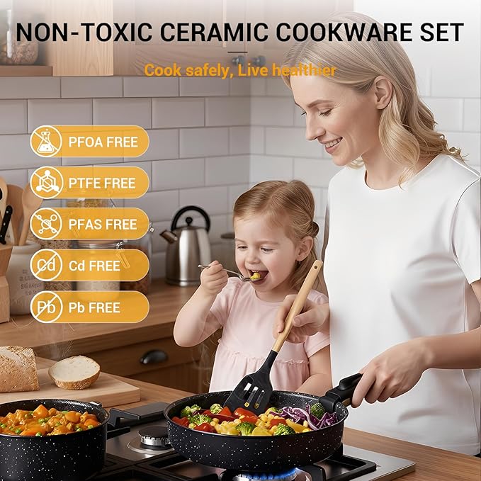 Ammeloo 21 Pcs Pots and Pans Set Non Stick, Ceramic Kitchen Cookware Set with Detachable Handle, Non Toxic Cooking Set for Kitchen, RV, Camping and Fridge, Induction Ready, Dishwasher/Oven Safe, Black