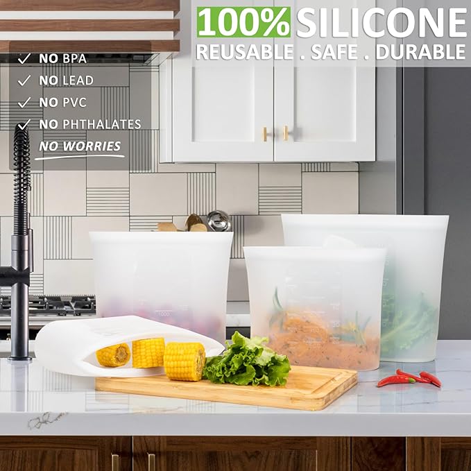 Reusable Storage Bags, Set of 2 Large Sizes, 8 Pack 100% Silicone Food Storage Bags Stand Up Zip Lock Bag for Food, Freezer Microwave Oven Dishwasher Safe, 4 XL-4/5 Gallon, 4 L-1/2 Gallon, Translucent