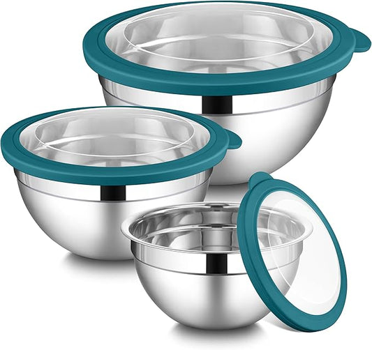 LIANYU Stainless Steel Metal Mixing Bowls, 3 Packs Deep Nesting Mixing Bowls Set for Baking Cooking and Prepping, 4.6 & 3 & 1.5QT Large and Small Size, Include Visible & Airtight Lid, Blue