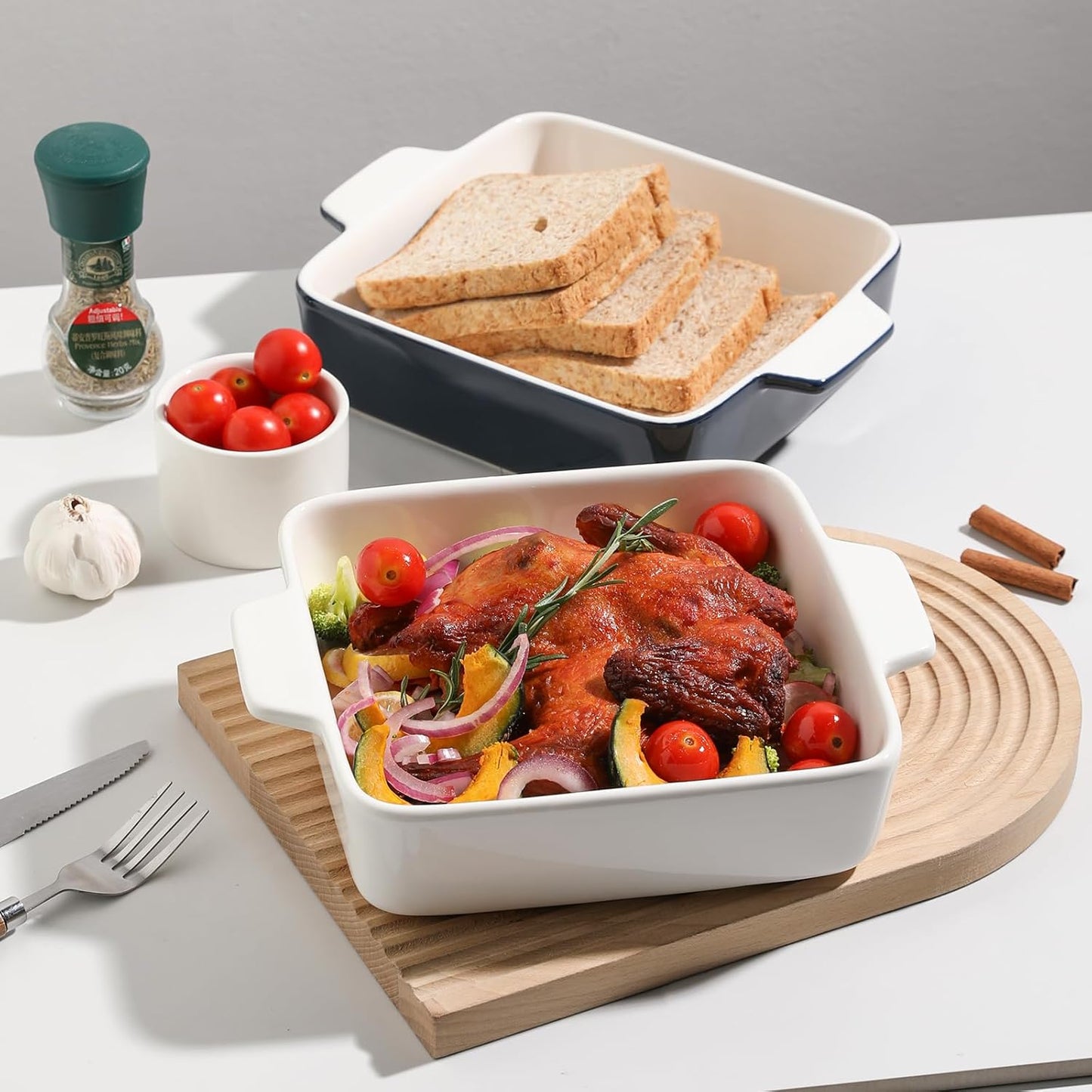 Sweejar Ceramic Baking Dish, 8 x 8 Cake Baking Pan for Brownie, Porcelain Square Bakeware with Double Handle for Casserole, Lasagna, Family Dinner (White)