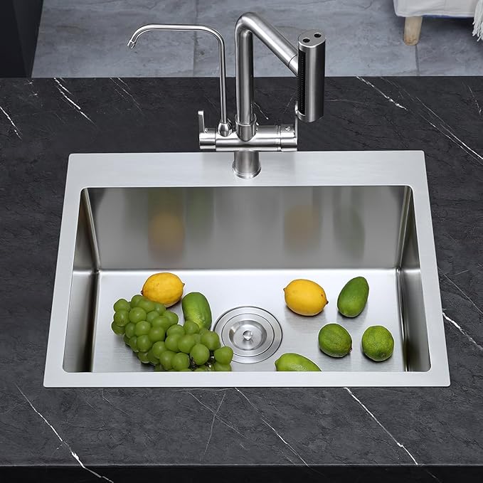 20-Inch Drop In Kitchen Sink Brushed Nickel- TSIBOMU 16 Gauge Stainless Steel Single Bowl Topmount Kitchen Sink with 1 Faucet Hole, D20"xW16"xH9"