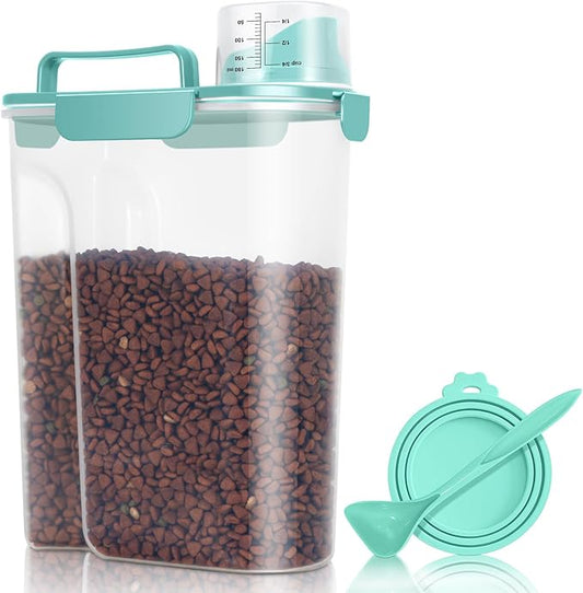 Pet Dog Cat Food Storage Container 5 to 7 lbs with Can Cover and Mixing Spoon, Airtight Travel Pet Food Storage Dispenser with Easy-pouring Spout & Cup, Kibble Dog Treat Bird Seed Container -Cyan