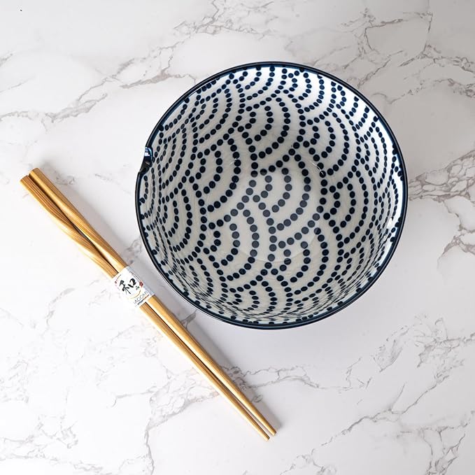 Urban Tokyo Porcelain Japanese Motif Design Ramen Udon Noodle Rice Bowl With Chopsticks 20 fl oz 6 inch Diameter Bowl Sets Color Box Packaging (Seigaiha Waves)